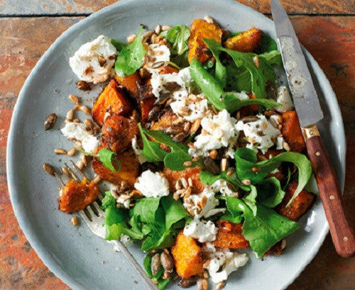Spiced pumpkin and goats cheese salad with sunflower seeds