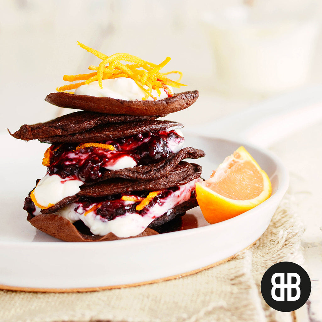 BANTING BLVD Chocolate Flapjacks with Mixed Berry Coulis