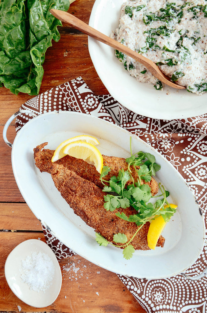 HEBA Crumbed fish with creamy spinach pap